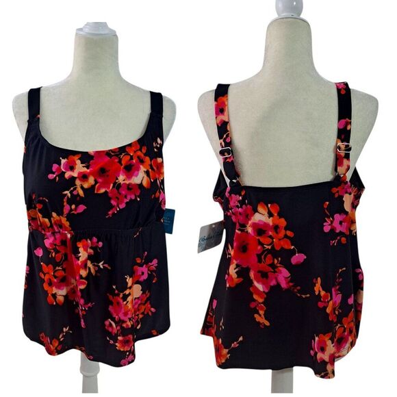 Beach Belle Women's Black Multi Floral Tankini Top Travel Vacation Plus Sz 20 - Picture 1 of 8